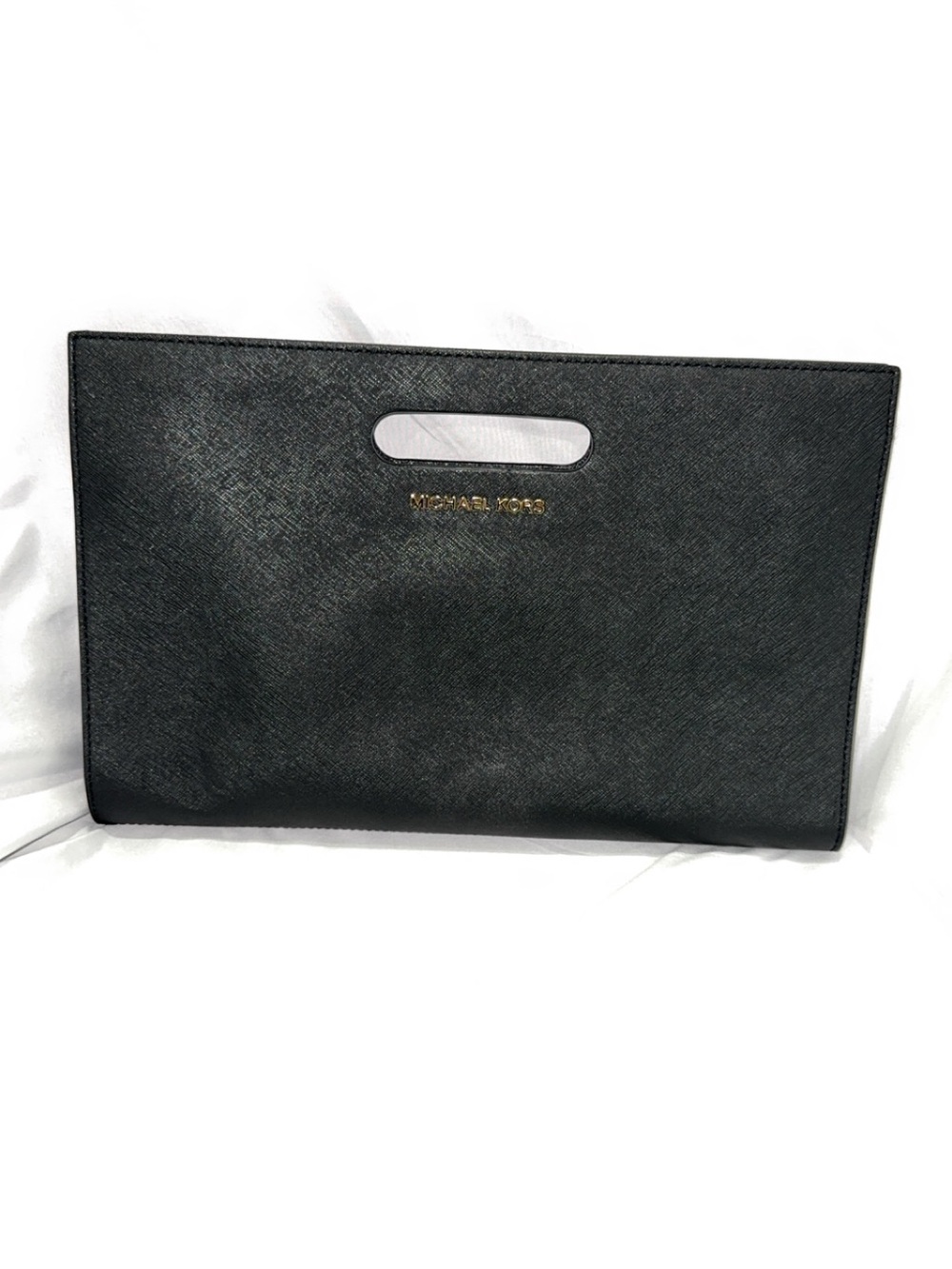 Michael Kors Saffiano Black Leather Cutout Handle Clutch